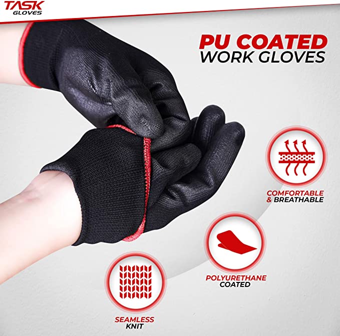 Task Force Safety Work Gloves PU Coated-12 Pairs, Seamless Knit Glove with Polyurethane Coated Smooth Grip, General Duty Work